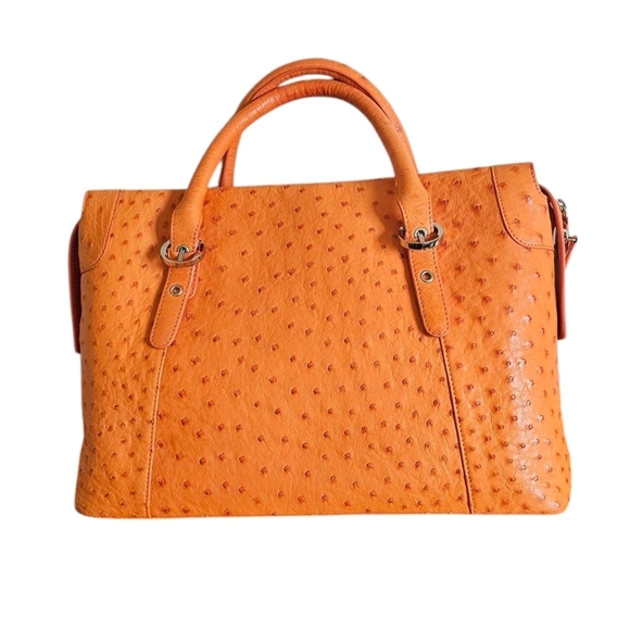 Farotto Viaggi vibrant Orange Leather Satchel with Textured Finish Rolled Handle - Picture 2 of 8